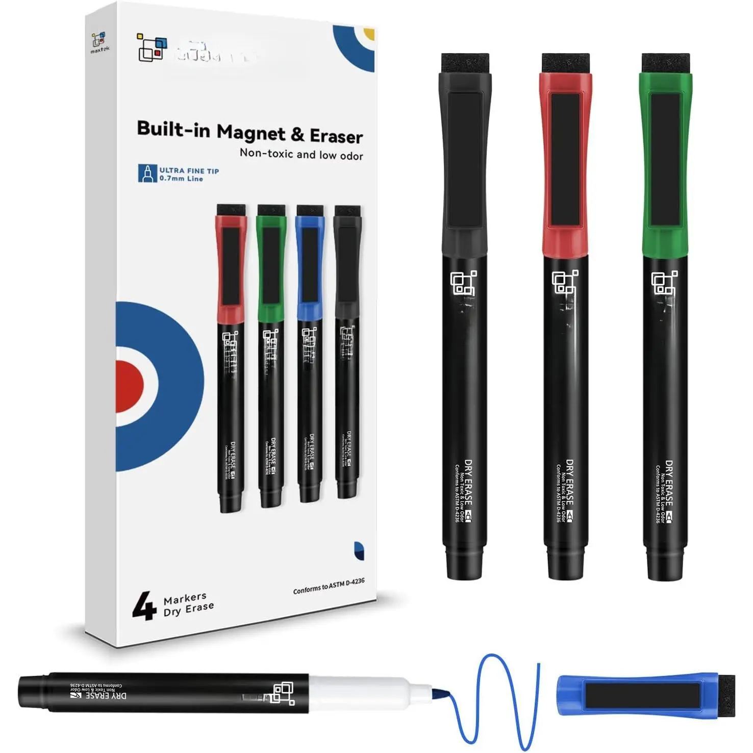 Dry Erase Markers Ultra Fine Tip  Black, 4 Count 4 Color | with Eraser, 0.7mm Extra Fine Point, For Planning Whiteboard, Calendar Boards, Low Odor
