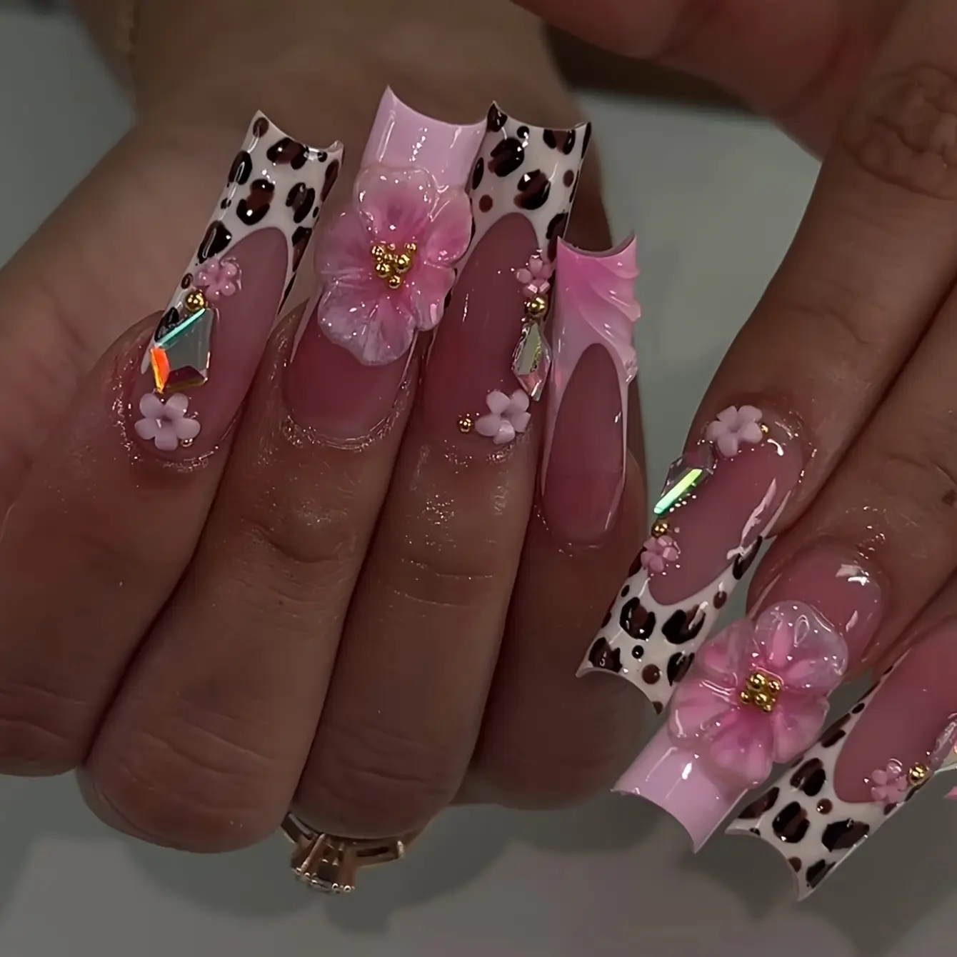 Pink Cow Print 3D Big Flower Long Coffin Press On Nails Y2K Girly Crystal Rhinestone Fake Nail Set