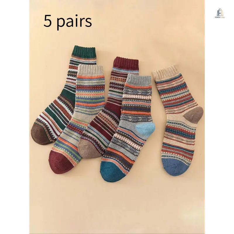 5 Pairs Color Block Striped Crew Socks, Trendy Multicolor Knit Mid-Calf Hosiery, Soft Breathable Women Sock Set, Versatile Casual Footwear for Daily All-Season Matching