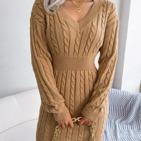 Women's Basic Comfort Solid Textured Drop Shoulder Long Sleeve Sweater Dress, Lady's Lady V Neck Cable Knit Dress