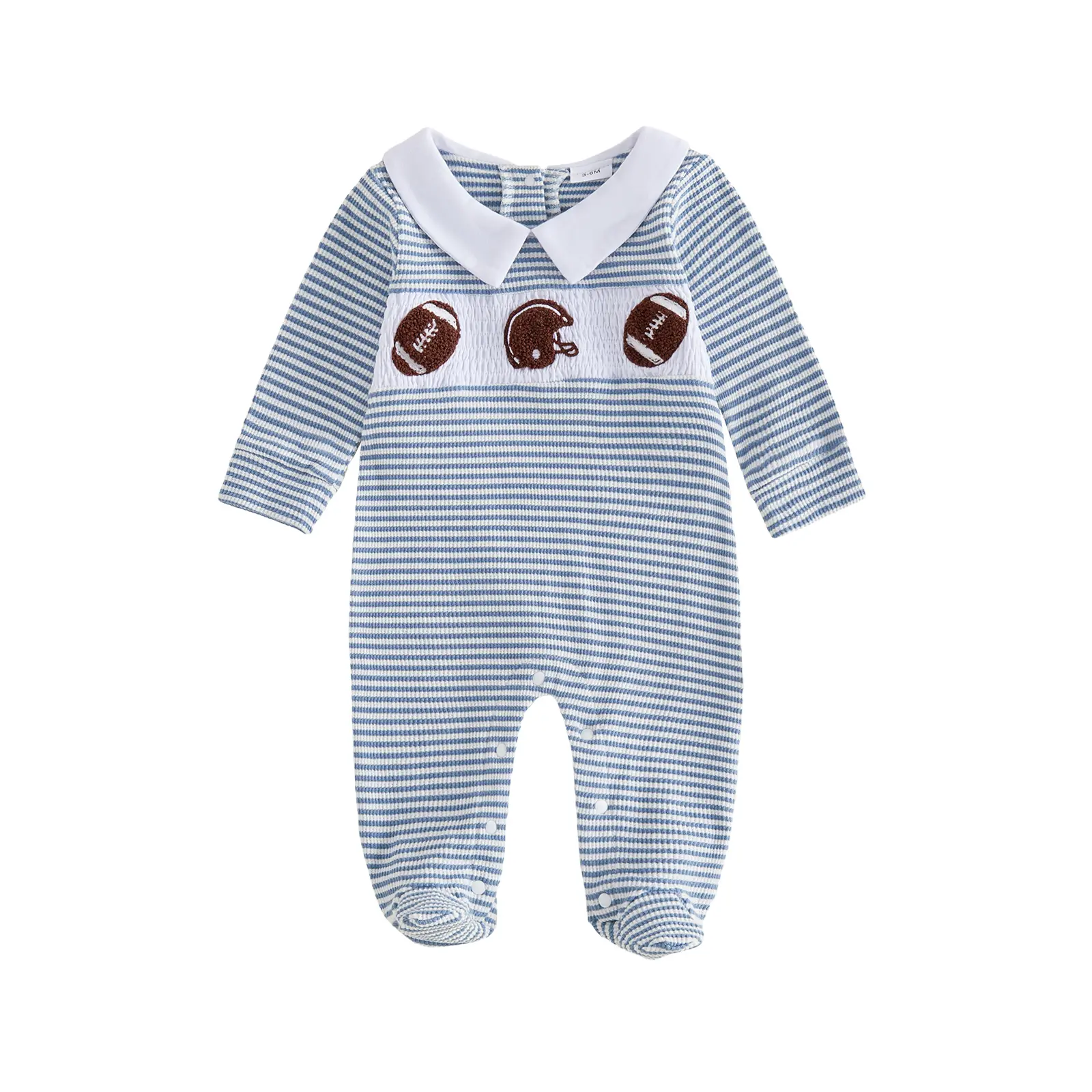 Newborn Baby Boy Football Outfit Football Embroidery Turndown Collar Romper Waffle Knit Jumpsuit Fall Clothes