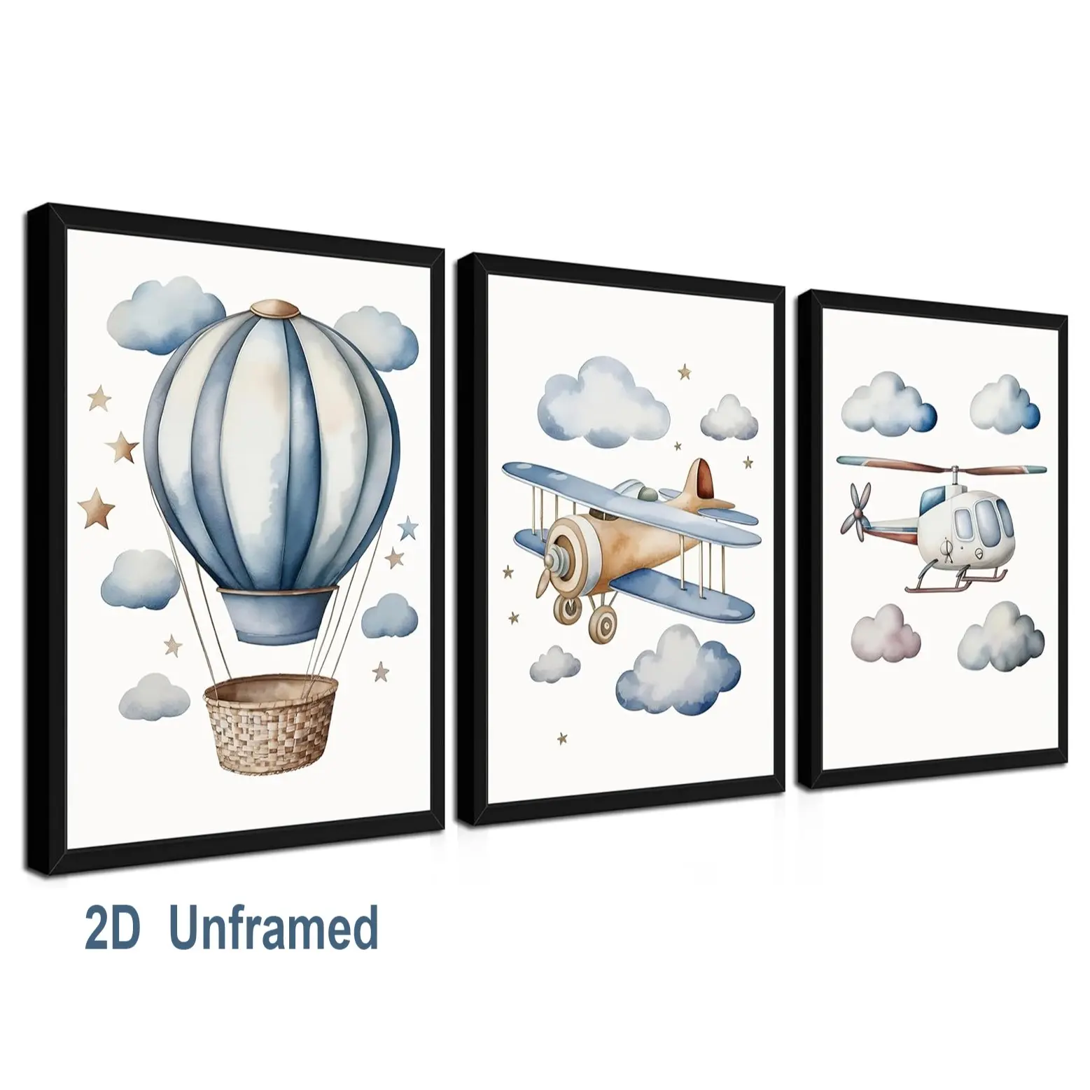 3-piece set of frameless nursery wall art; retro blue travel-themed wall decor for boys' rooms; children's posters featuring hot air balloons, airplanes, and helicopters—printed artwork perfect for children's rooms and bedrooms