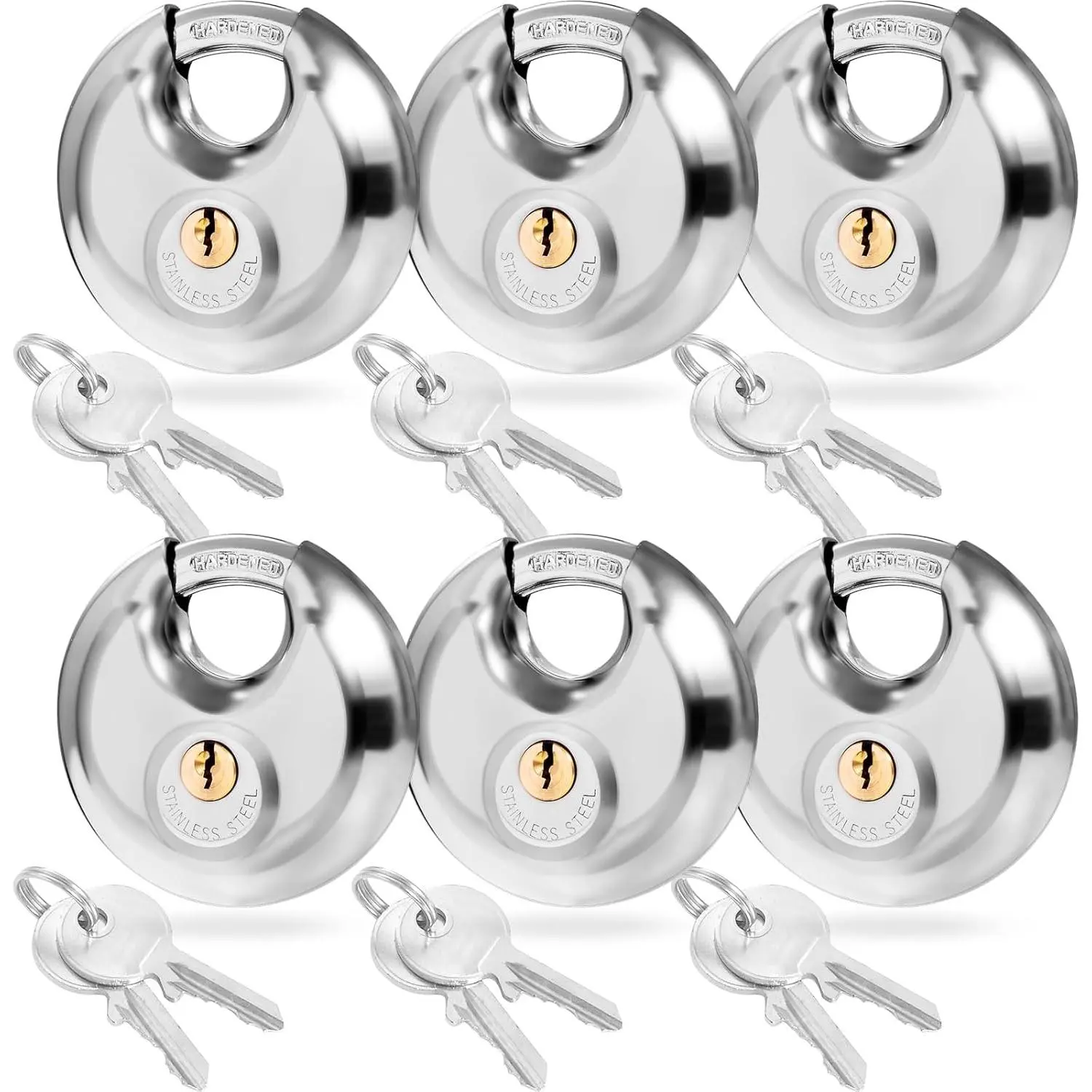 6 Pack Keyed Alike Disc Padlocks, 2-3/4" Stainless Duty Padlocks with 3/8" Shackle, Waterproof & Rustproof for Units, Sheds, & More