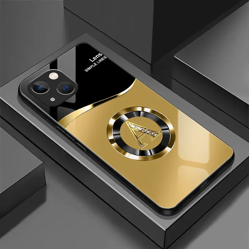 Sleek Black Gold Split Design Custom Gold Rhinestone Initial MagSafe Magnetic Glass iPhone Case Anti-Fingerprint Full Camera Protective Old Money Aesthetic Cover Fits iPhone 14 Plus---9435