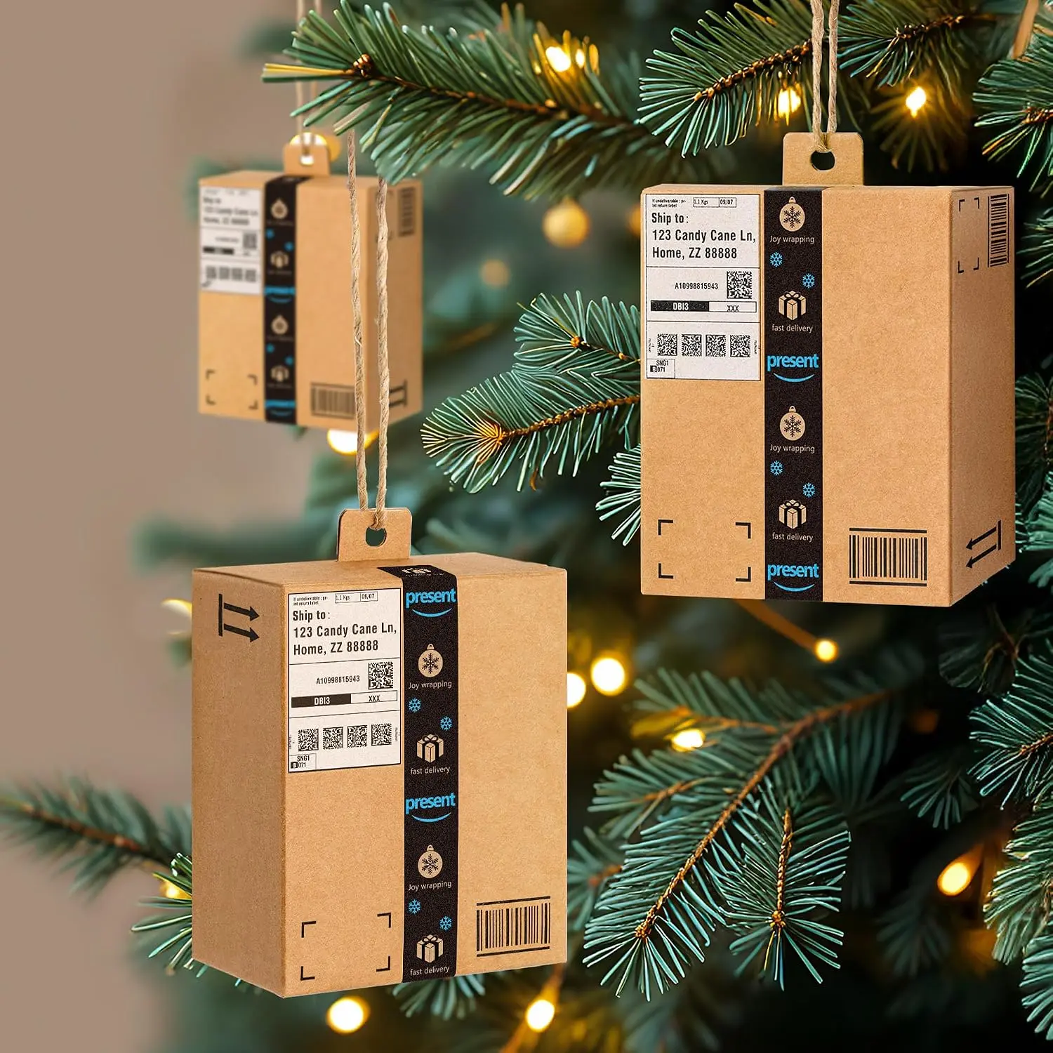 10-Pack Modern Funny Christmas Tree Ornaments with DIY Shipping Labels, Mini Synthetic Package Decor, Boxes for Gifts, Office Decor, Single Size, Diy Labels