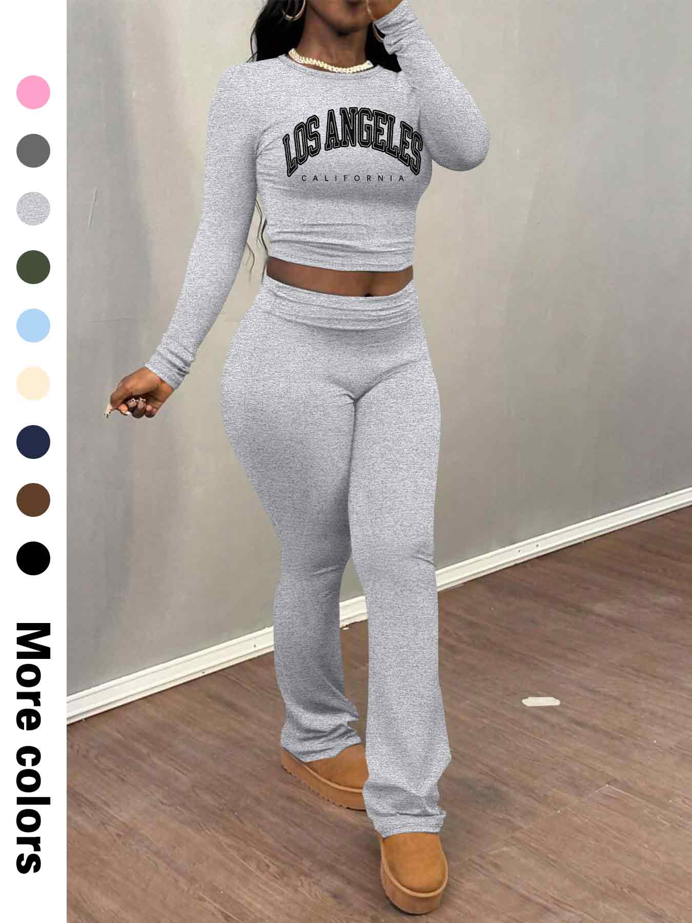 Women's Letter Print Long Sleeve Crop Tee & Plain Flare Leg Pants Two-Piece Set, Casual Fashion Cozy Round Neck Top & Bell Bottom Trousers for Daily Outdoor Wear, Women's Clothing for Fall & Winter