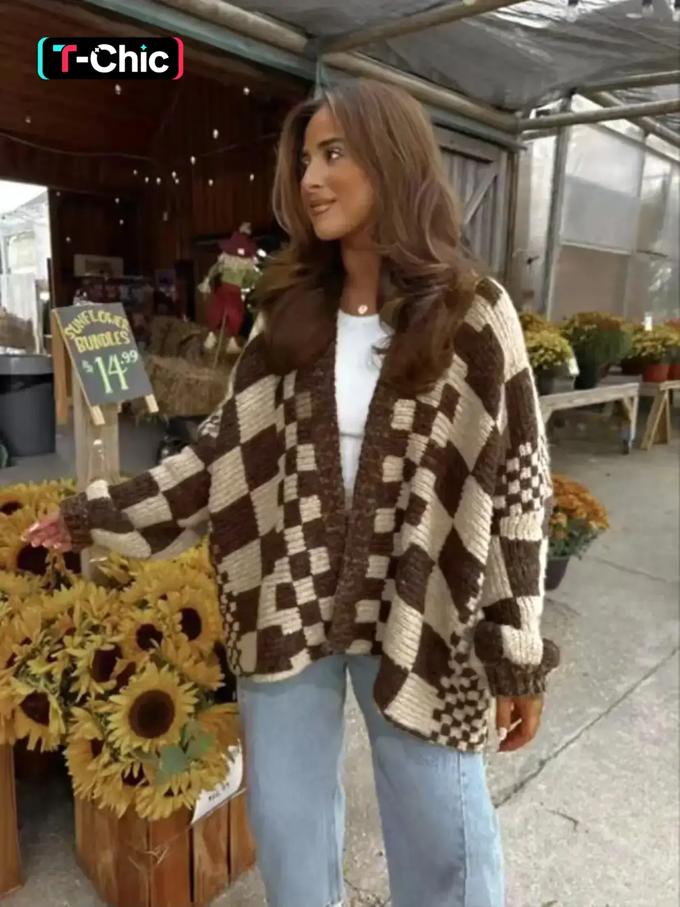 Women's Plaid Checkered Knit Cardigan, Lantern Sleeve Loose-Fitting Sweater, Casual Fall & Winter Fashion, Unique Design, Style, New Arrival, Womenswear, cozy Knitwear