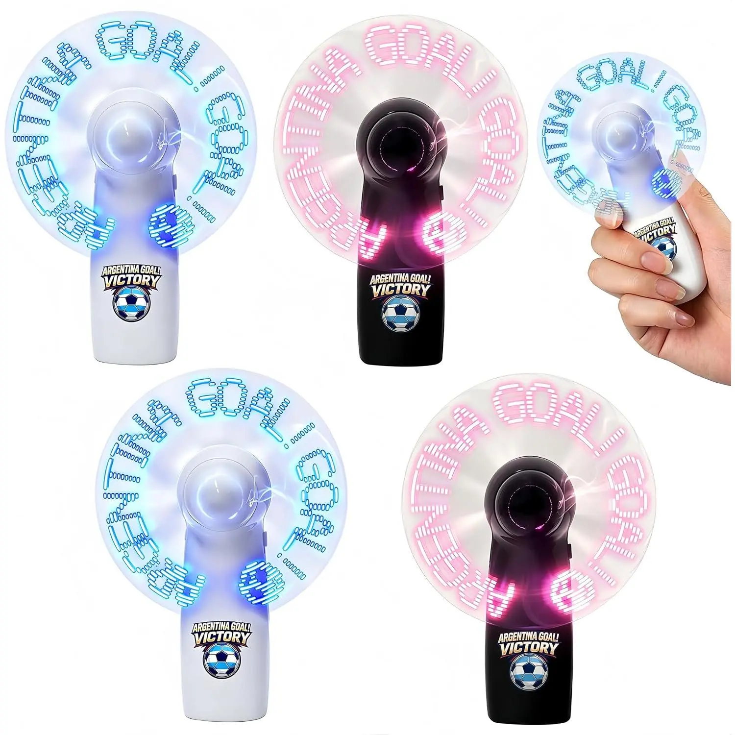 4 Pack LED Light Up Soccer Handheld Fans, Portable Mini Personal Cooling Fan, USB Rechargeable 500mAh,  Fan Gear, Soccer Gifts & Watch Party Favors (2 White & 2 Black) (Argentina)