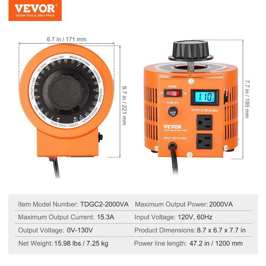 VEVOR 2000VA Auto Variable Voltage Transformer, 15.3 Amp, 110V Input 0-130V Output AC Voltage Regulator, with LCD Display 4 Extra Fuses Thermal Control Switch for Home Industrial Office
