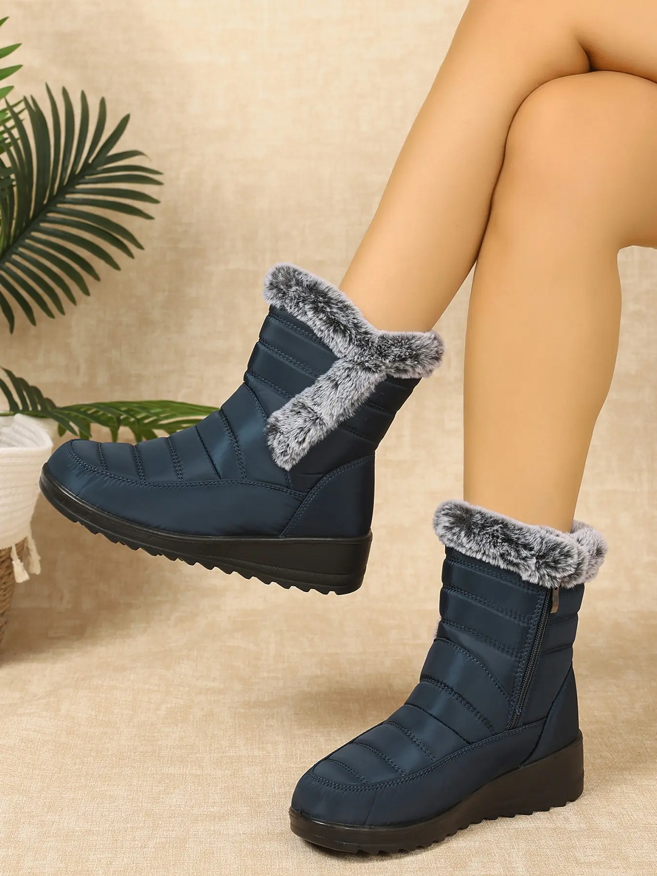 Women's High Tube Waterproof Snow Boots, Warm PU Fabric Above Ankle Casual Winter Shoes, Blue 36-44 Sizes