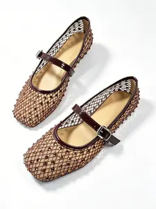 Women's Mesh Rhinestone Mary Jane Shoes, Casual European Style, Breathable Summer Flat Shoes, Wide Fit 37-43, Footwear