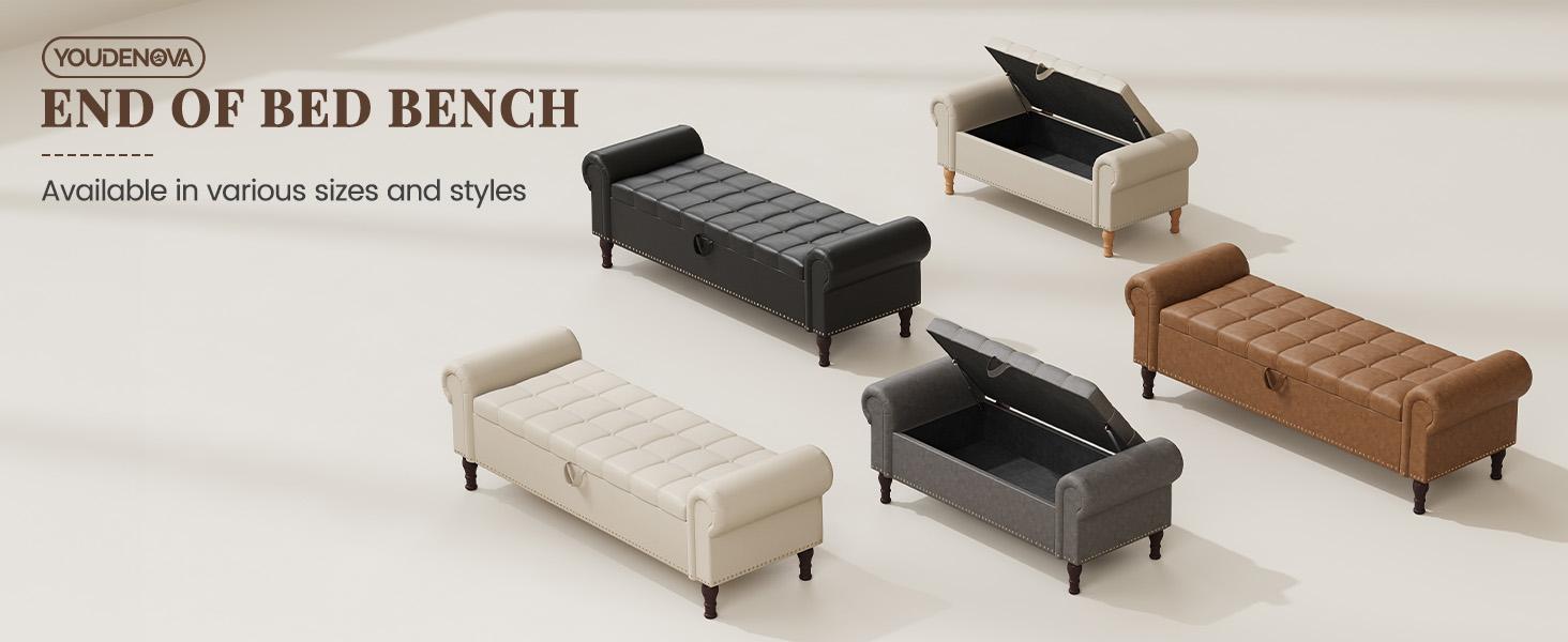 YOUDENOVA Storage Bench for Bedroom, 51/60" Queen/King Size Storage Bench, Cushioned Stool Upholstered Bedroom Bench with Rolled Arms and Vintage Rivets for Living Room, Storage Room, Entryway SpringBreak