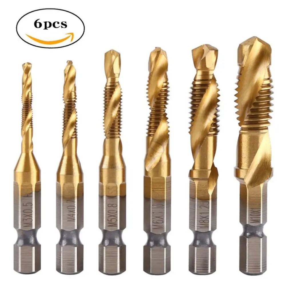 6Pcs HSS 4341 Titanium Coated Combination Tap Drill Set – Integrated Drill & Tap Machine Threading Tool with Chamfering Function Power Tools