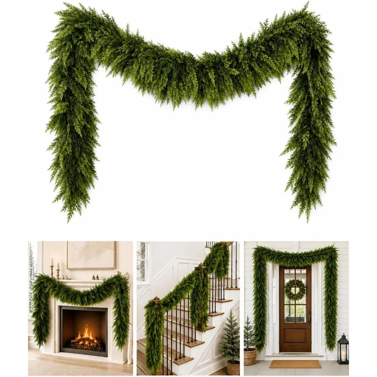 Artificial Christmas Cedar, 6 FT Real Pine Greenery| Soft PE needles and thick bendable branches for mantel, fireplace, rail, doorway, porch, and table styling