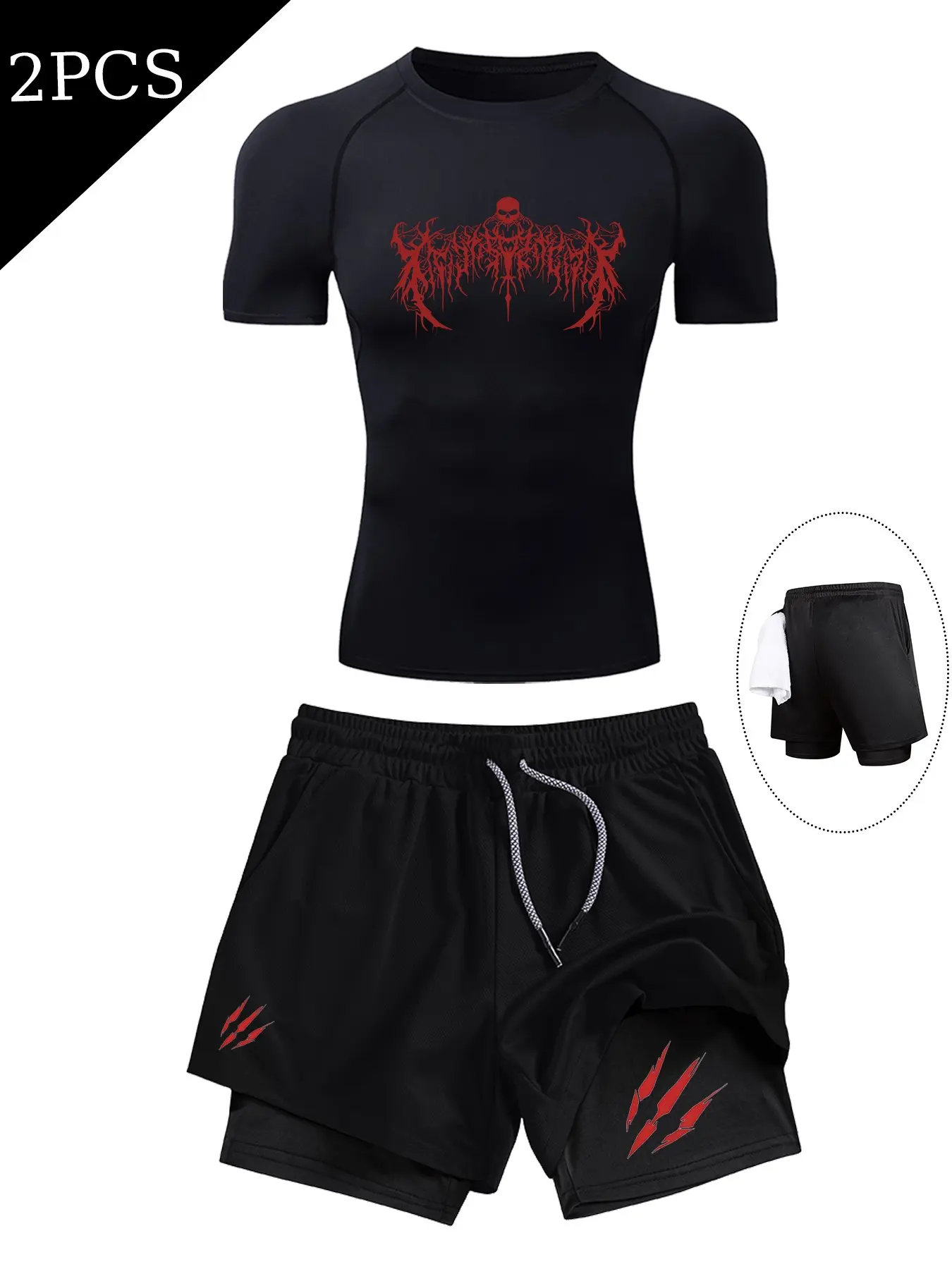 Men's Skull Print Raglan Sleeve T-Shirt and Drawstring Shorts Set, Sporty with Phone Pocket and Towel Clip, Lightweight Comfortable Fit