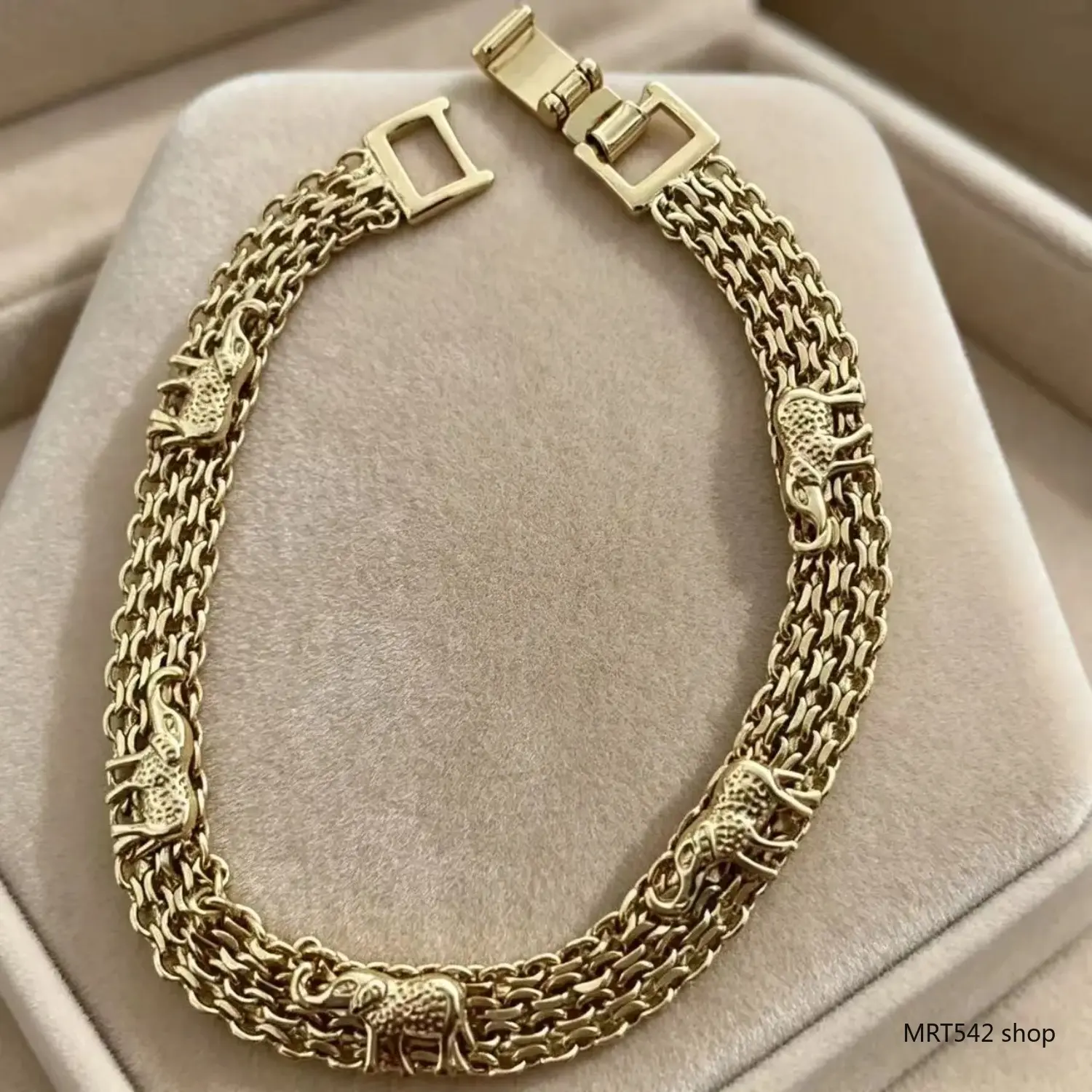 18K Gold Plated Elephant Charm Bracelet Layering Unisex Beaded Wristband 7 Inch Minimalist Boho Jewelry Handmade Daily Accessory Lucky Birthday Christmas Gifts for Women Men Teen Girls