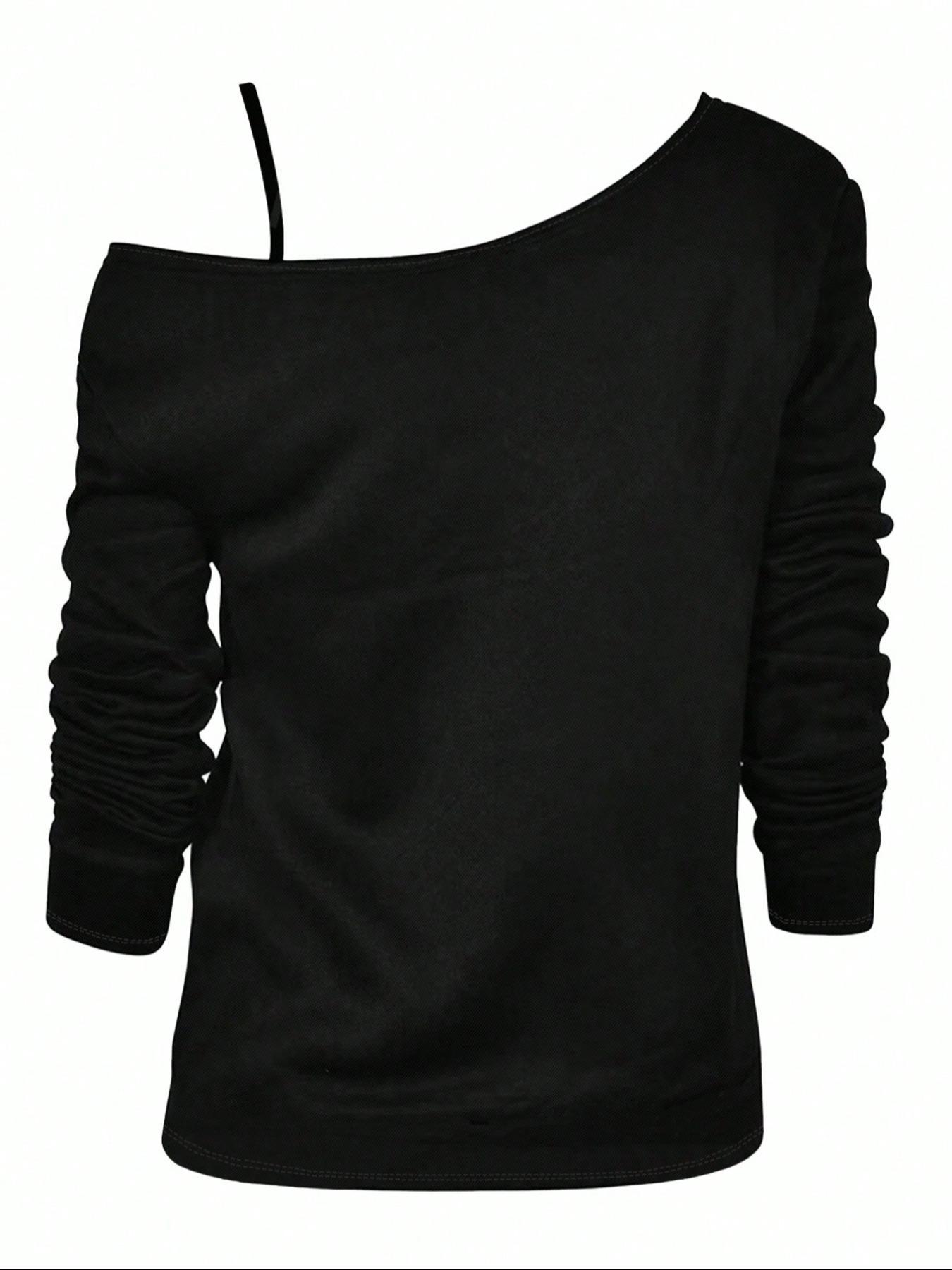 Women's Solid Basic Asymmetrical Neck Tee, Casual Fitted Long Sleeve T-shirt for Spring & Fall, Women's Clothing for Daily Wear