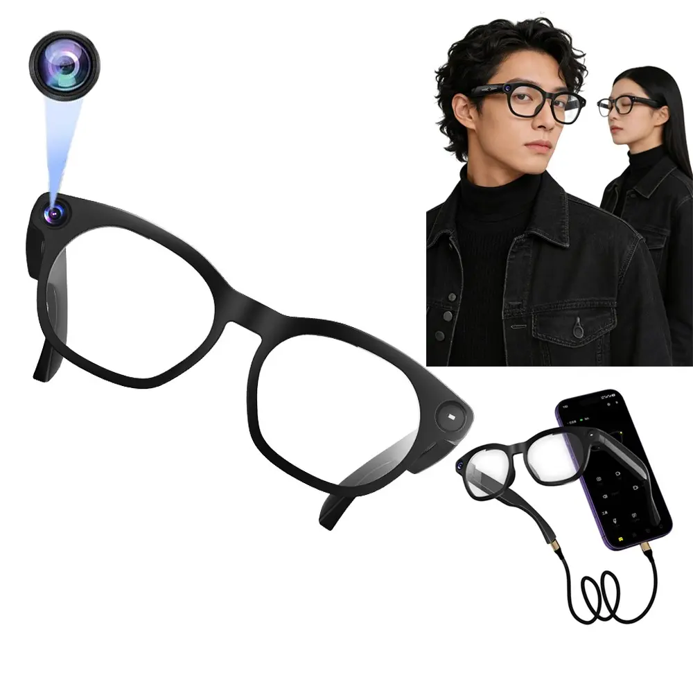 Smart Glasses with Camera Build-in,  8MP Camera, 1080P Video Recording AI Glasses,  4GB Memory Build-in,  Build-in Mic & Speakers, Bluetooth Calling,  AI Real Time Translation, WiFi Transfer, Type C Charging Support, 2 Lenses Total (Transparent +Black )