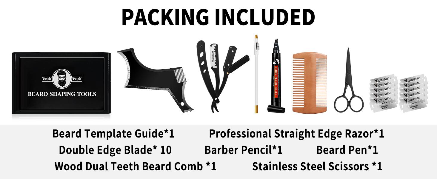 Beard Shaper for Men Beard Shaping Tools - Beard Template Guide, Professional Straight Edge Razor, 10 PCS Double Edge Blade, Barber Pencil, Beard Comb, Stainless Steel Scissor Mustache Lineup Tools