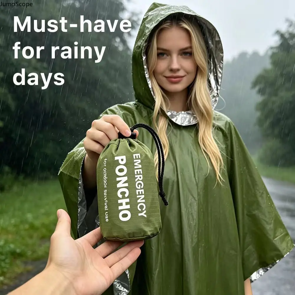 Outdoor Emergency Thermal Survival Poncho, Viral Camping Hypothermia Gear, Portable Packable Poncho With Carabiner & Survival Whistle, Lightweight Windproof Waterproof Thermal Coat, Compact Drawstring Multi-Color Gear For Hiking Camping Wilderness Travel