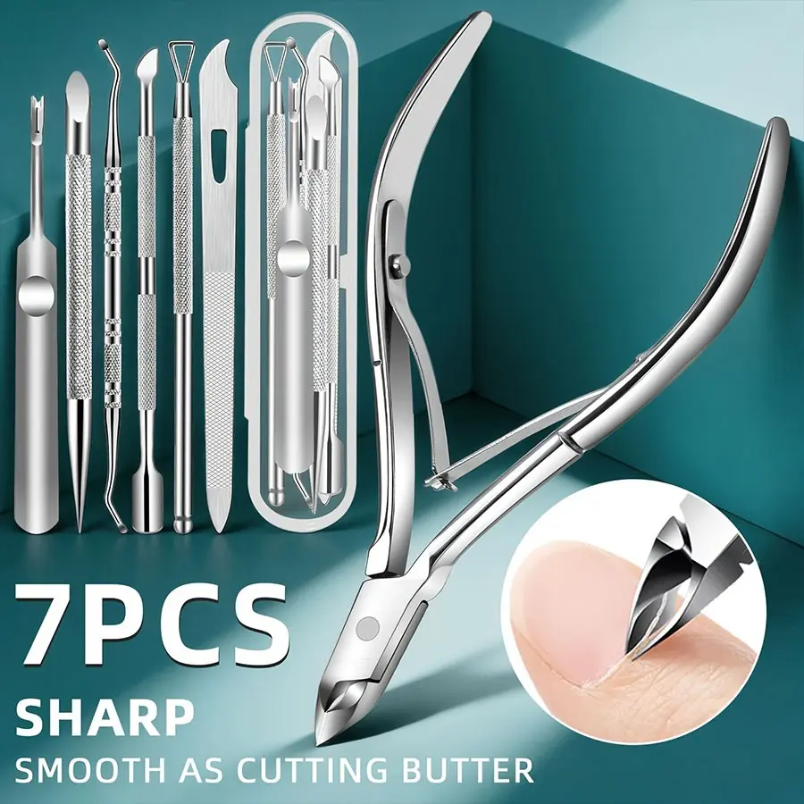 Professional 7pcs Cuticle Nipper Manicure Set, Stainless Steel Dead Skin Remover, Cuticle Pusher, Nail File, Pedicure Tools for Salon Home