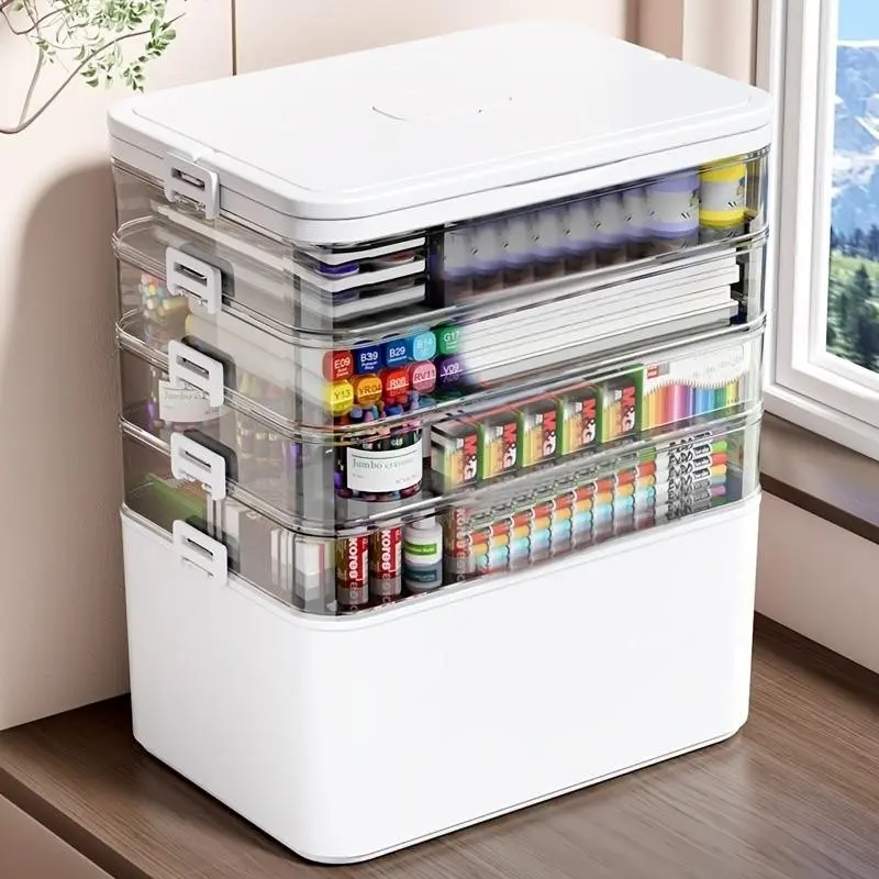 A multifunctional plastic sewing craft tool box, designed to store tools. It’s suitable for organizing medication containers, hair accessories, art supplies, and craft boxes. It features a handle for easy storage of pharmaceutical containers.