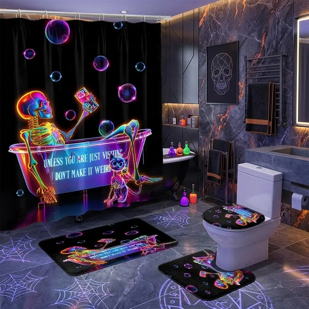 4pcs Neon rainbow skull bathtub cat bubble funny quote shower curtain set: 'Unless you're just visiting, don't be weird,' includes toilet seat cover and matching floor mat, with thicker and softer mat fabric! Cool gothic style Halloween bathroom set