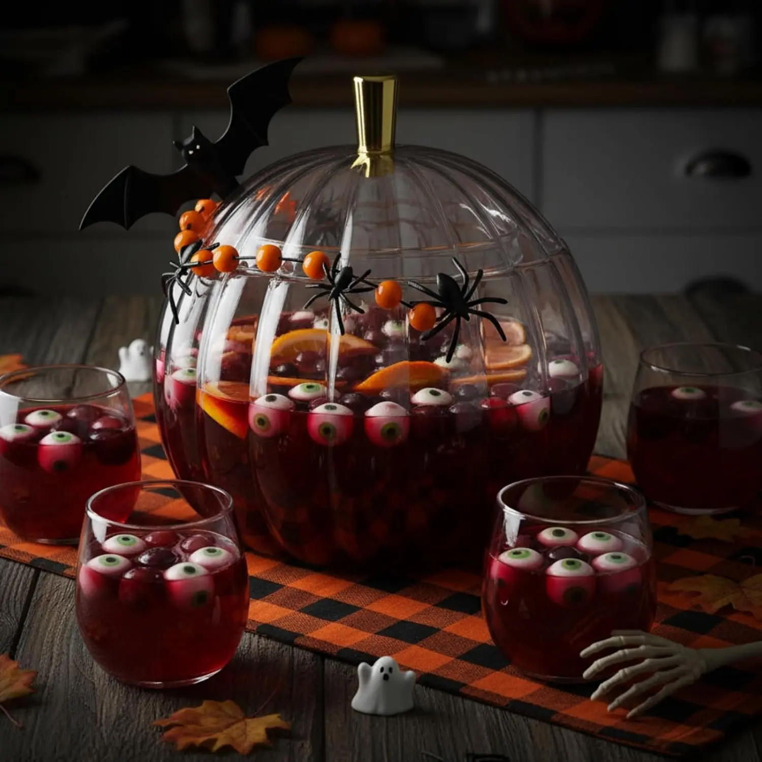 Halloween Pumpkin Punch Bowl Set, 1.3 Gallon Plastic Punch Bowl with 6 Clear Cups and 1 Ladle, Spooky Halloween Party Drink Dispenser for Party Centerpiece Table Decoration