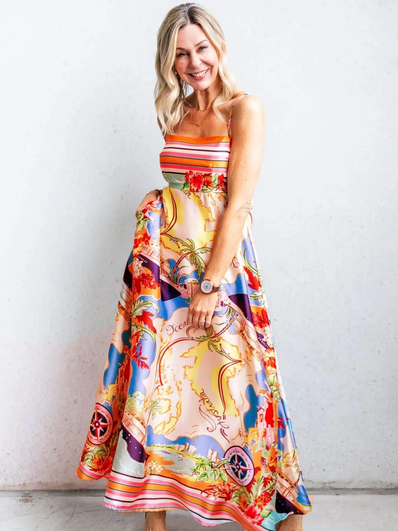 Women's All Over Print Cami Dress, Boho Casual Sleeveless Spaghetti Strap Dress for Beach Holiday Vacation, Ladies Spring & Fall Clothes