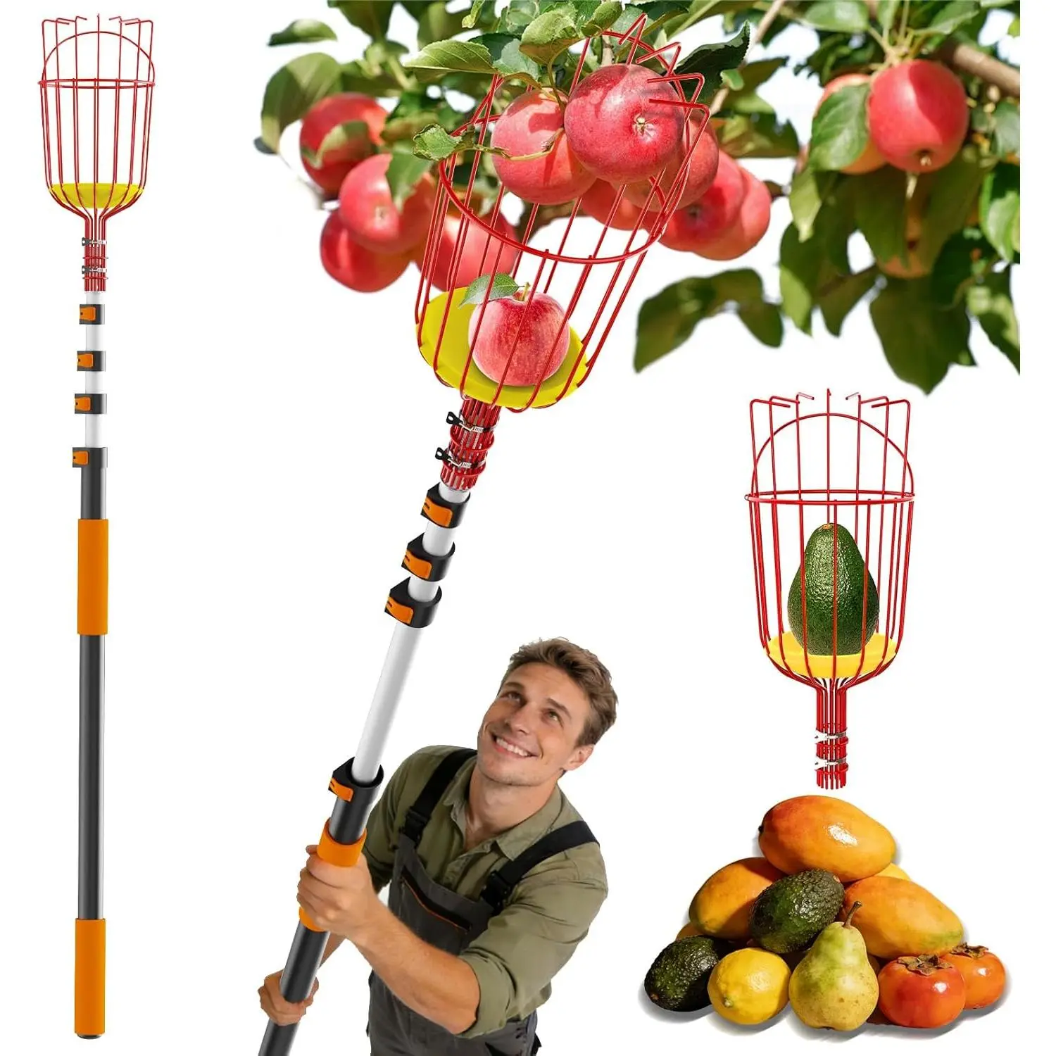 26ft High Reach Fruit Picker with Basket Telescoping, 5-20 Foot Heavy Duty Sturdy Aluminium Telescoping Extension Pole, Easy to Attach Twist-On Metal Basket for Picking Mango Avocado Lemon