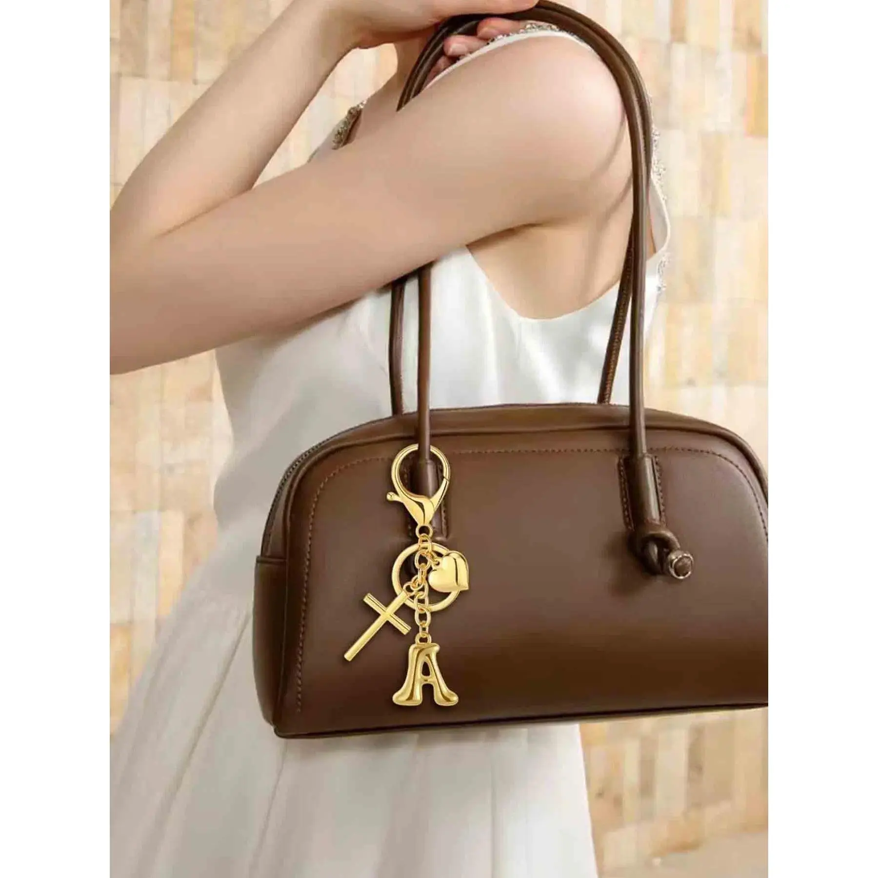 Personalized Initial Keychain with Heart Pattern, Decorative Cross Religious Charm for Women's Handbags and Purses, Female Gift Ideas