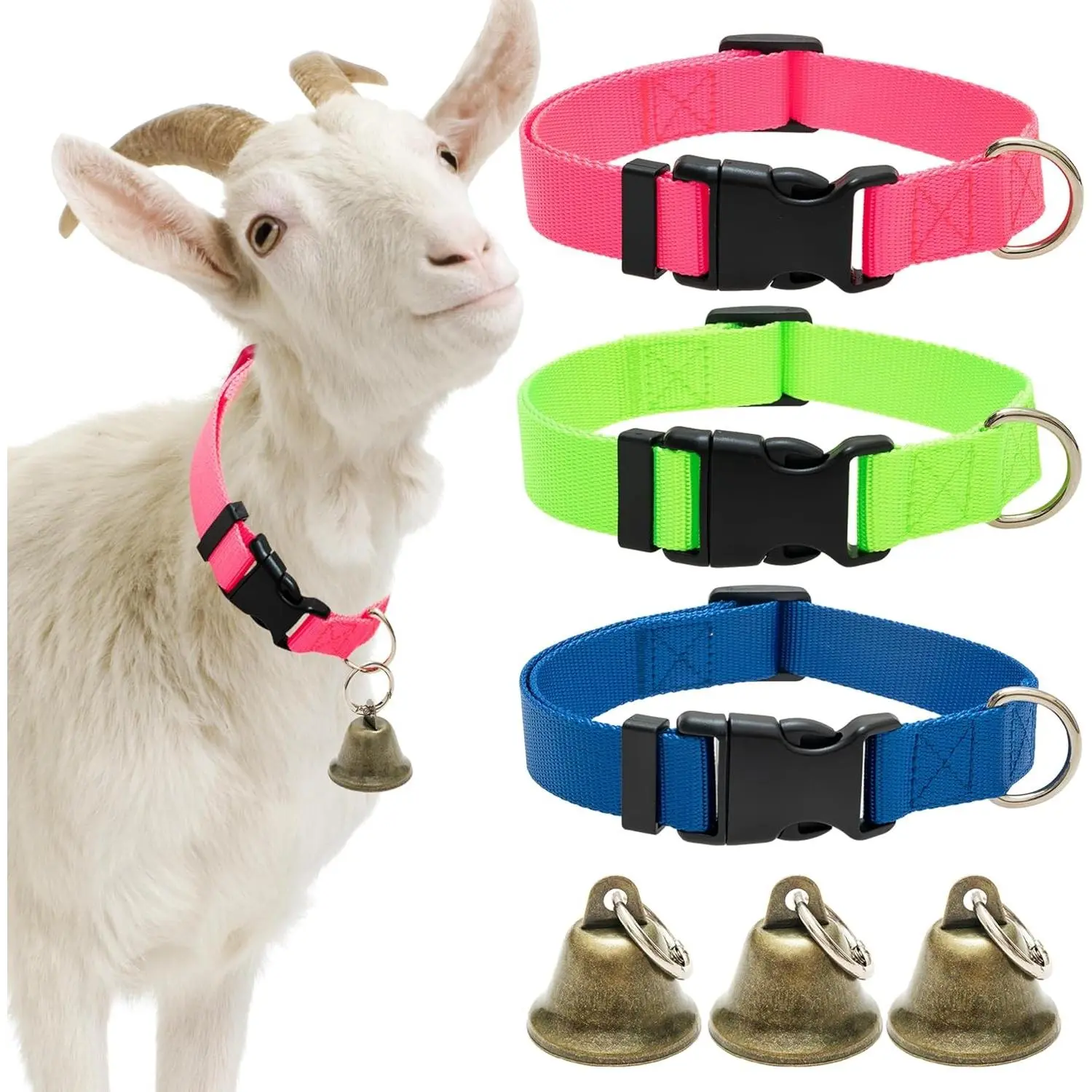 3 Pack Adjustable Goat Collars with Bells Anti-Lost Loud Bronze Copper Bells for Small Farm Animals Sheep Cow Goat (Neck 13.8"-20.9")