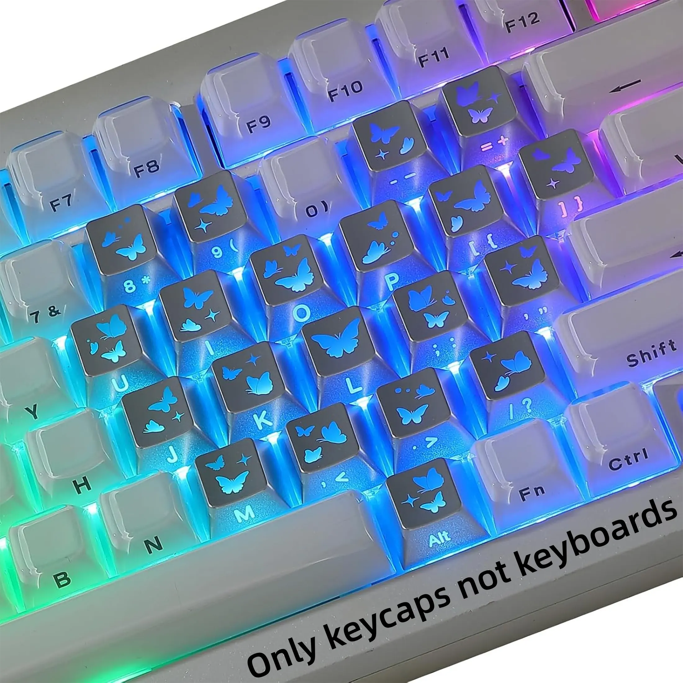 21 Key Butterfly Shine Through Keycaps Set, Love Theme Heart Shape, Cherry Profile, Cute Custom Keycaps for Mx Switches, Silver Color