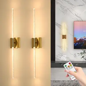 Set of 2 LED Wall Sconces, Black and Gold / 80cm Modern Rectangular Crystal Wall Sconces - Rechargeable with Remote Control - Dimmable - Ideal for living room accent walls, hotel corridors, hallways, and home interiors
