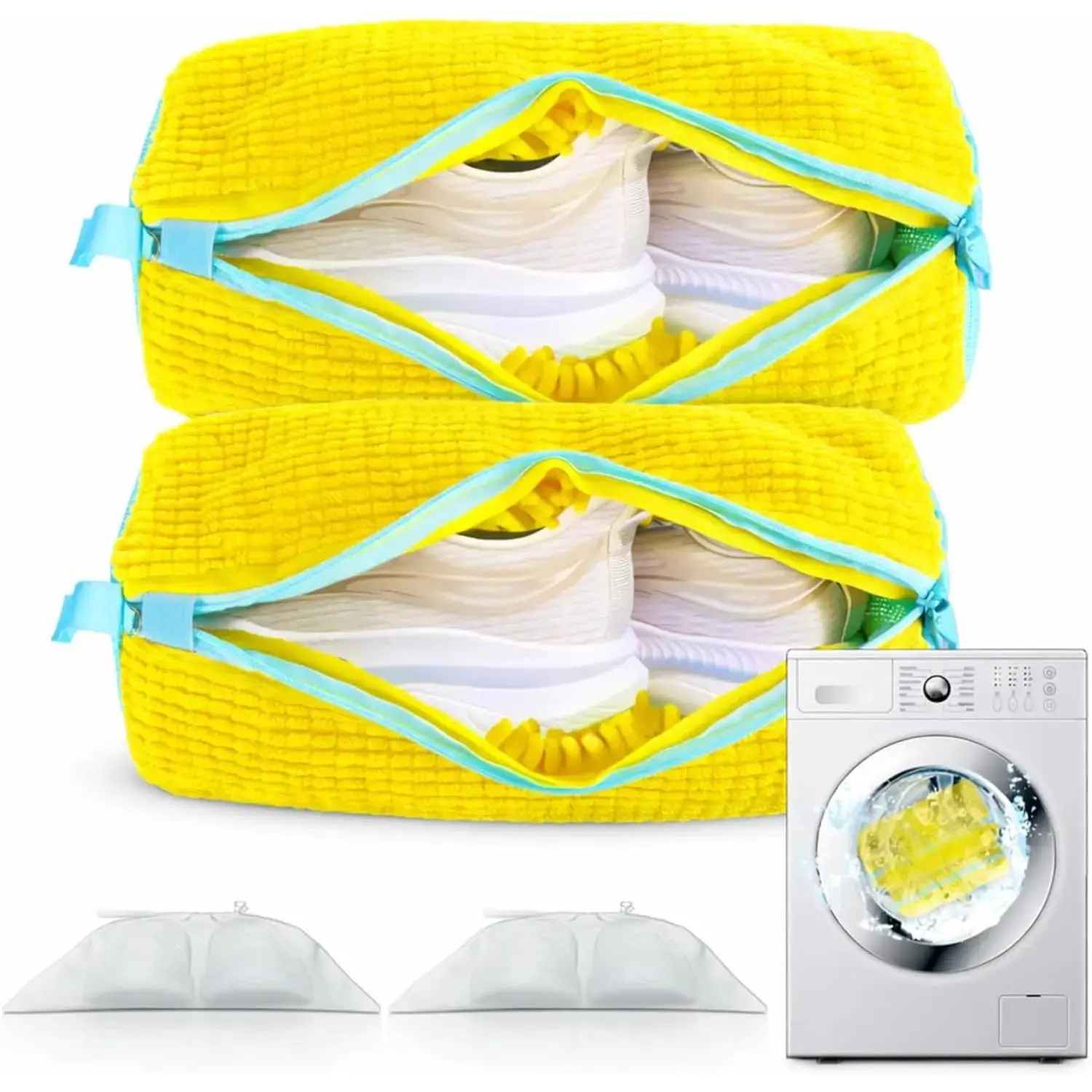 Washable Reusable Shoe Washing Mesh Bags (2-Pack, 30x25cm) - Self-Locking Zipper Design, 360° Deep Cleaning, Washer & Shoe Protection, Removable Yellow Bag for Tennis Sneakers, Laundry Accessories