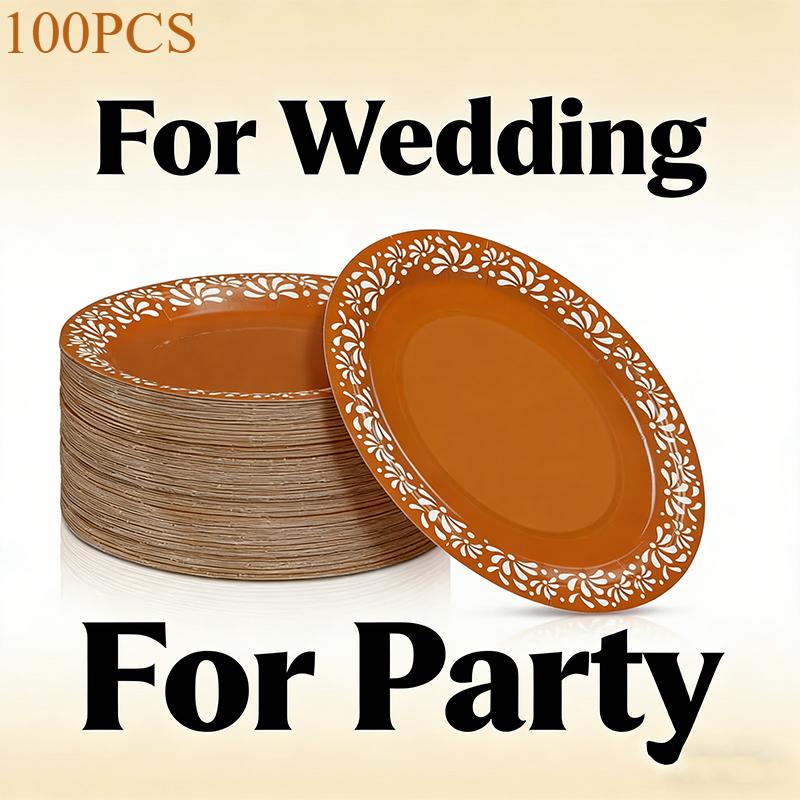 For Holiday Parties & Daily Use, Leak-proof Food Serving & Decoration Solution, 100 Brown Disposable Paper Plates, Mexican Floral Pattern, Food-grade Leak-proof Large Capacity, Effortlessly Create Characteristic Holiday Table, Party Table Decor Supplies