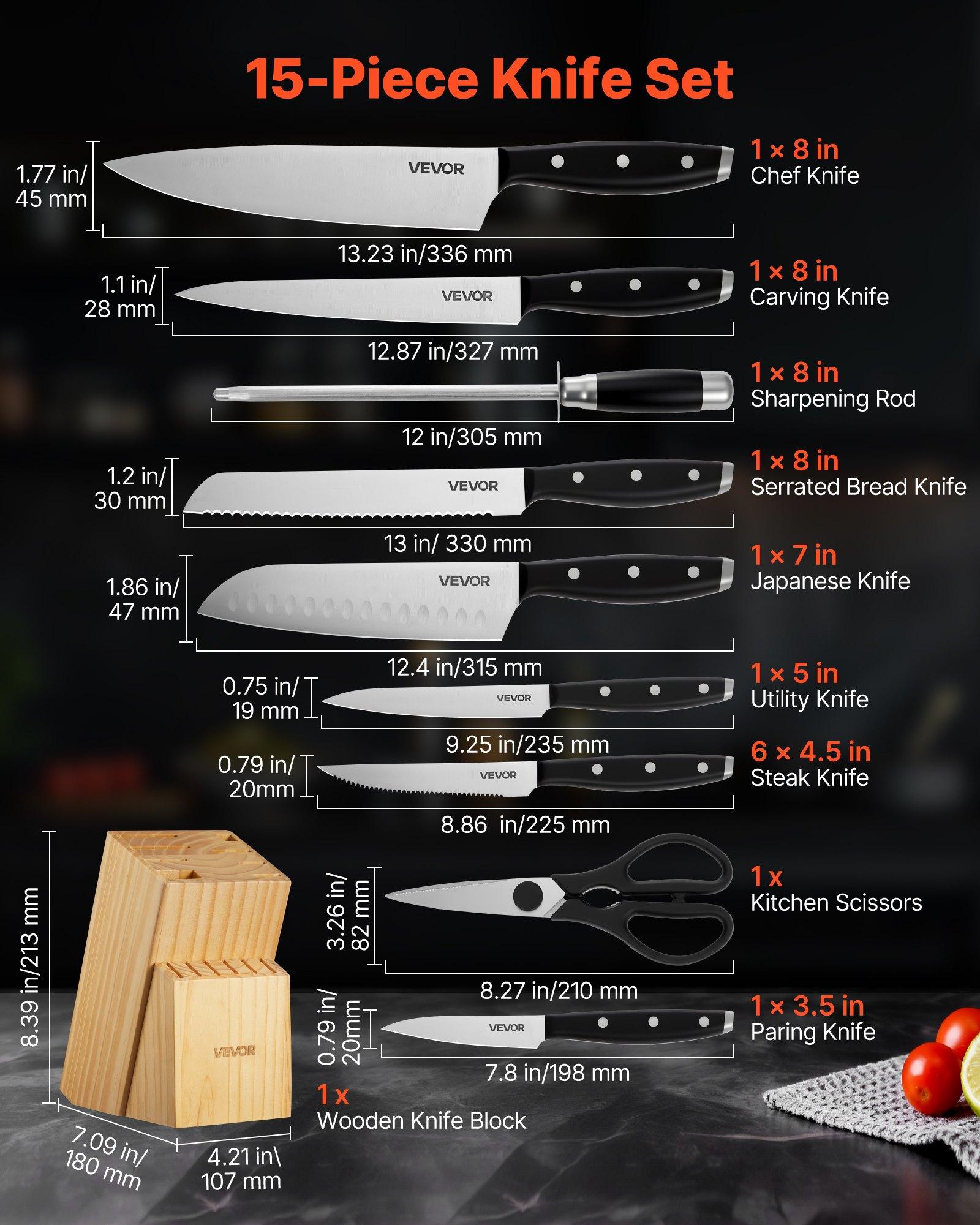VEVOR 15-Pcs High Carbon Stainless Steel Knives Set with Premium Wooden Block, Sharpener, Steak Blade, Ergonomic Handle and Sharpening Rod for Home Cooks VEVOR 15-Pcs High Carbon Stainless Steel Knives Set with Premium Wooden Block, Sharpener, Steak Blade, Ergonomic Handle and Sharpening Rod for Home Cooks
