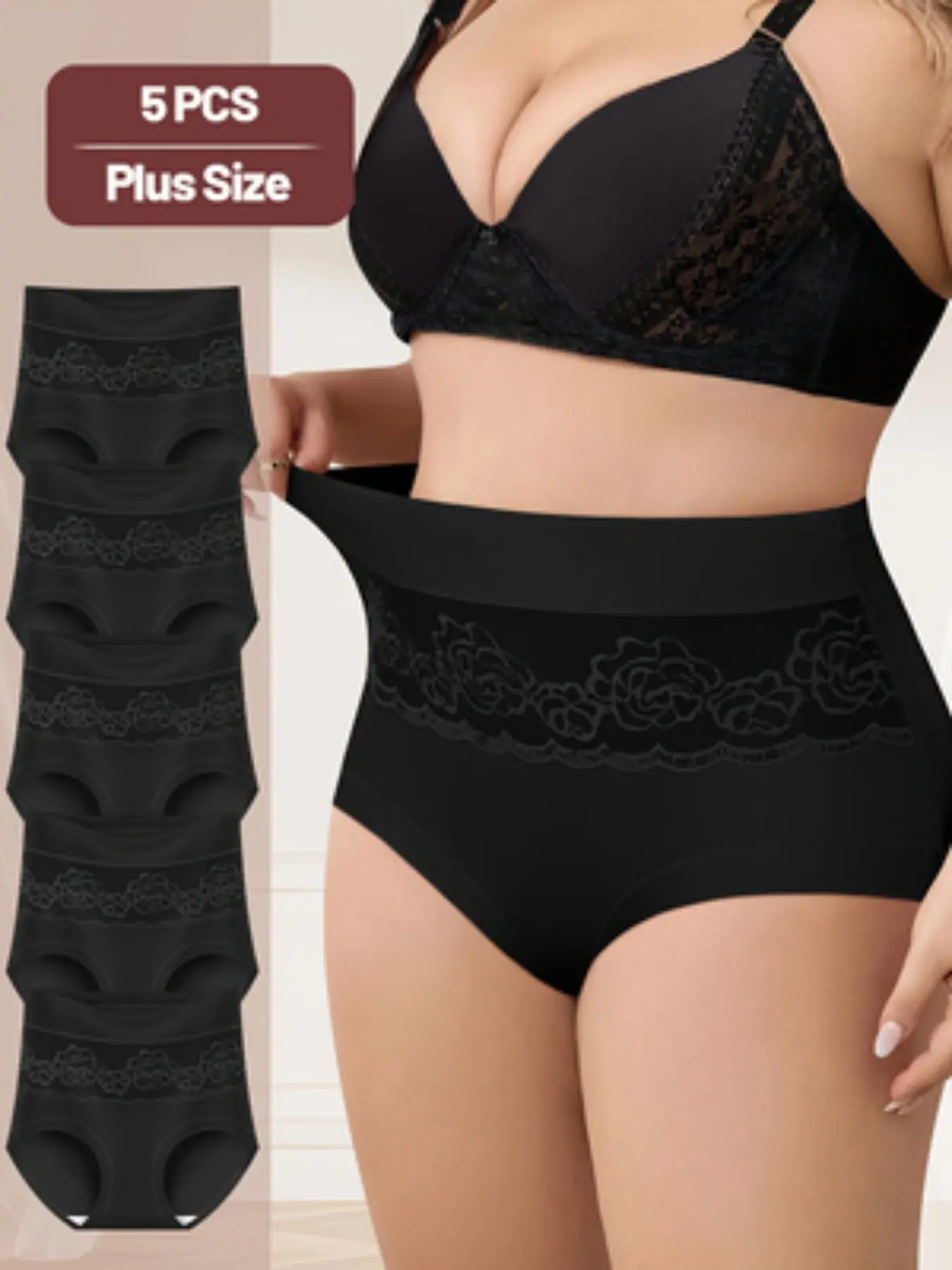Perfect Fit 5-Pack Plus Size High Waist Underwear Set Panties, Elegant Plain Design, Fitted Style for All Seasons, Enhance Your Silhouette Comfortably