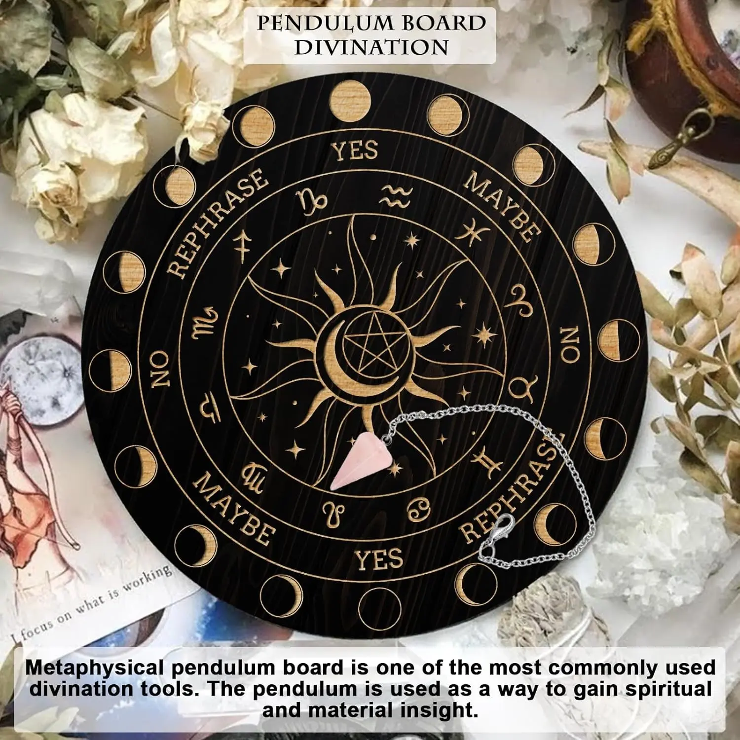 Pendulum Board Set, Wooden Dowsing Divination Board Metaphysical Message Board with Insight, Crystal Pendulum Necklace for Witchcraft Wiccan Altar Supplies Kit, 12 Signs, Aesthetic