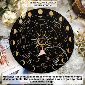 Pendulum Board Set, Wooden Dowsing Divination Board Metaphysical Message Board with Crystal Pendulum Necklace for Witchcraft Wiccan Altar Supplies Kit, 12 Signs