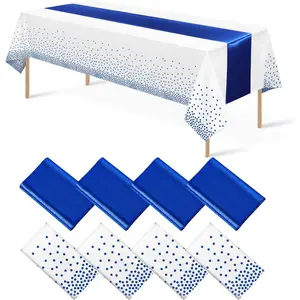 8Pack Disposable Plastic Tablecloths and Satin Table Runner White and Royal Blue Dot Tablecloth Blue Satin Table Runner for Wedding Birthday Baby Shower Anniversary Christmas New Year Party Supplies