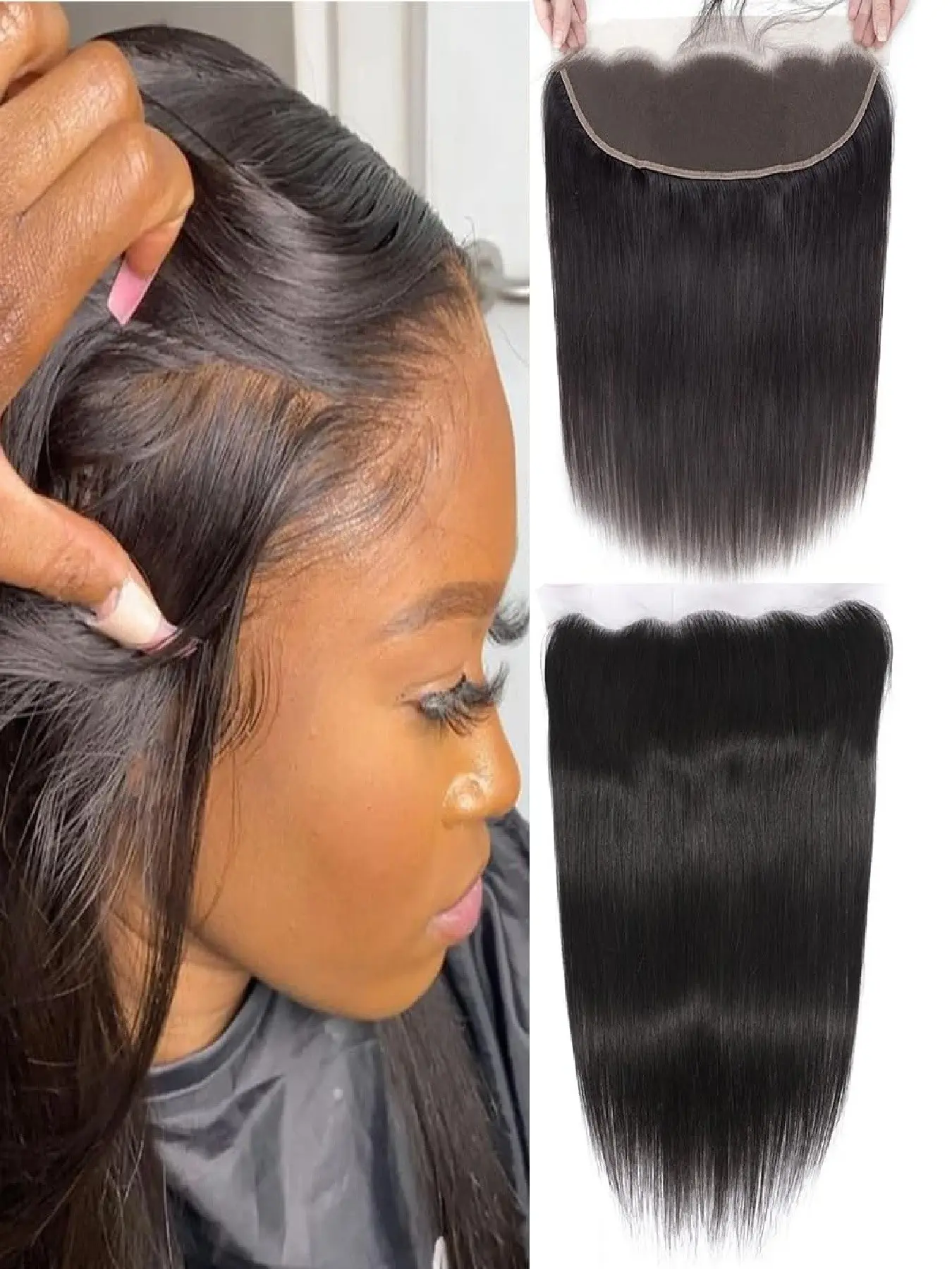 Human Hair HD Lace Frontal 13X4 Lace Closure Straight Wave Virgin Human Hair 13X4 Lace Frontal 150 Density Free Part Pre Plucked Hairline Baby Hair Around Natural Black
