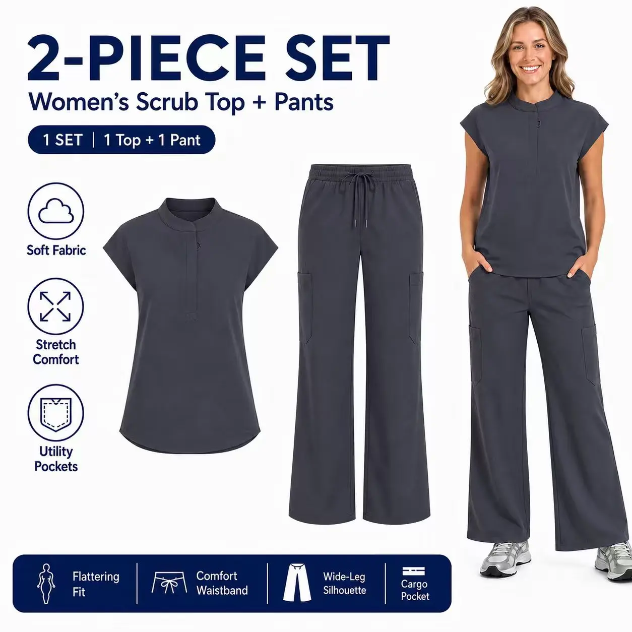Women's Scrub Set, Preppy 2-Piece with Stand Collar Cap Sleeve Top and Drawstring Wide Leg Cargo Pants, Ring, Polyester