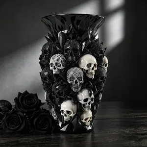 Gothic Skull Embossed Vase with Artificial Roses, Dark Horror Style Resin Flower Vase, Halloween Decor, Gothic Party Gift