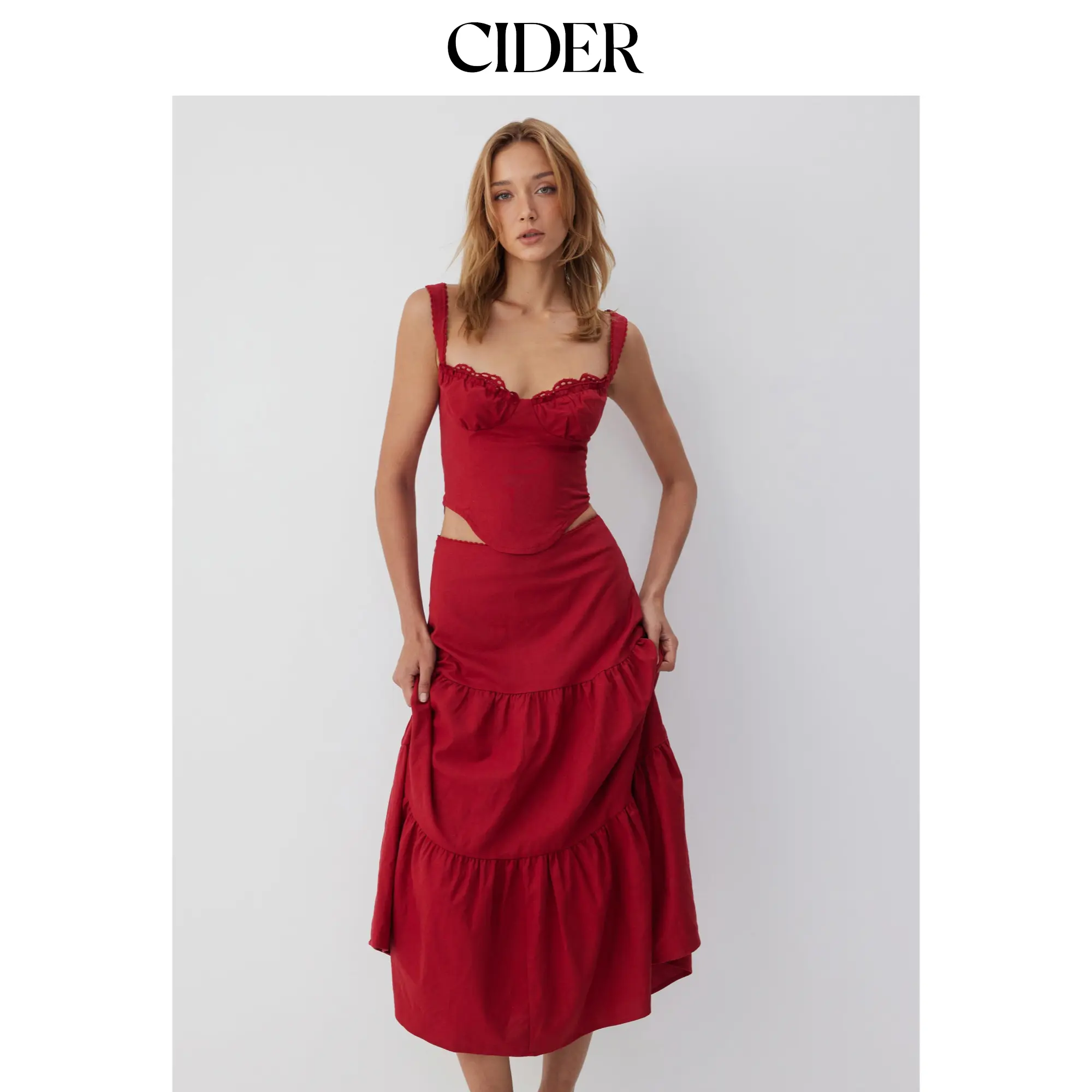 Cider Linen-blend Sweetheart Corset Lace up Cami Top & High Rise Tiered Maxi Skirt Set SohoChic