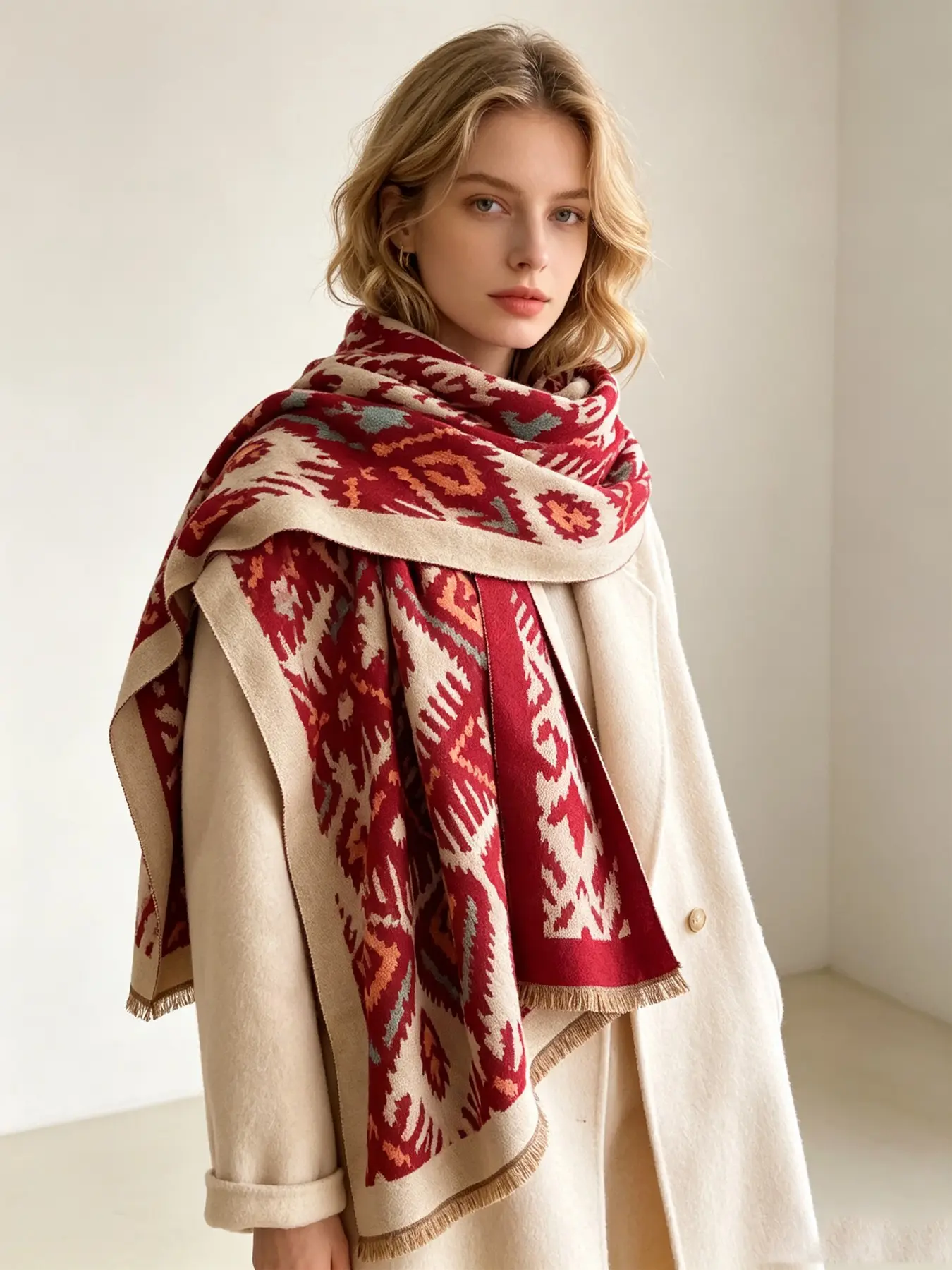 Crimson Ikat Scarf, Ultimate 'old Money' Winter Essential, Perfect for Christmas & New Year, Winter Shawl for Travel, Party, Daily Outing