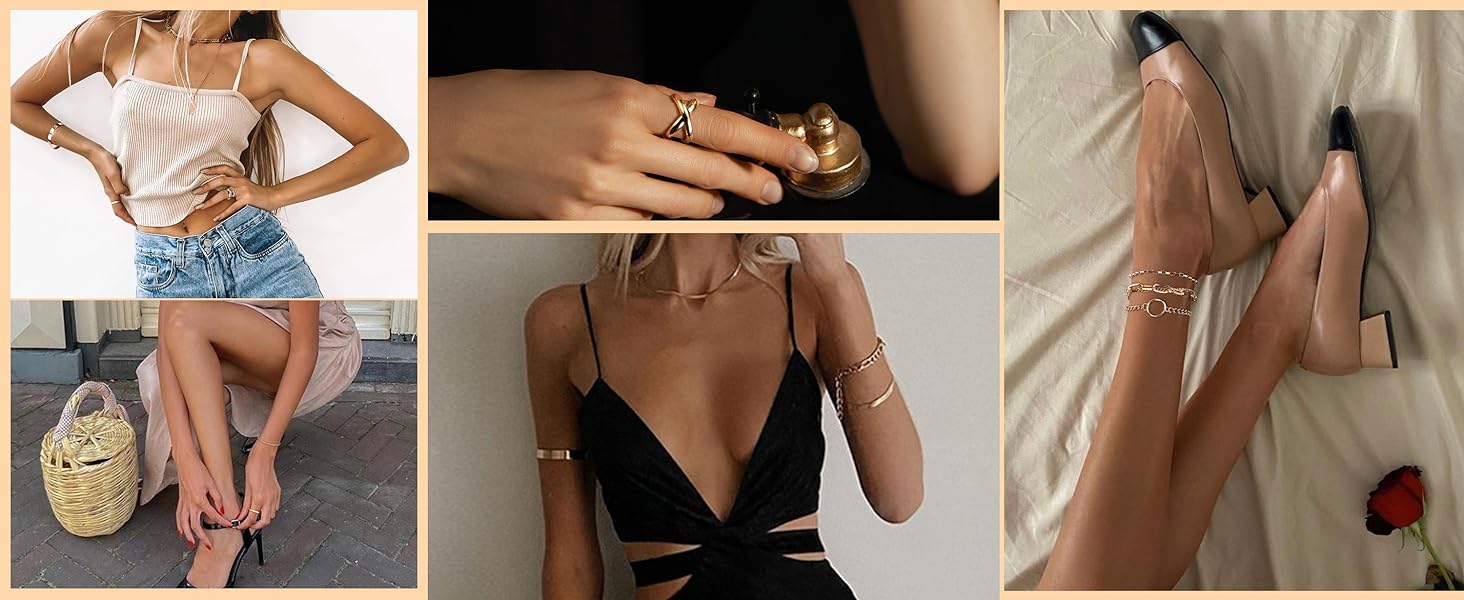 Jstyle 25 Pcs Bracelet And Rings Set For Women Stack Stackable Chain Silver Golden Plated Filled Bracelet Pack Chunky Adjustable Statement Large Ring Layered Dainty Simple Bracelets And Rings Jewelry Daily