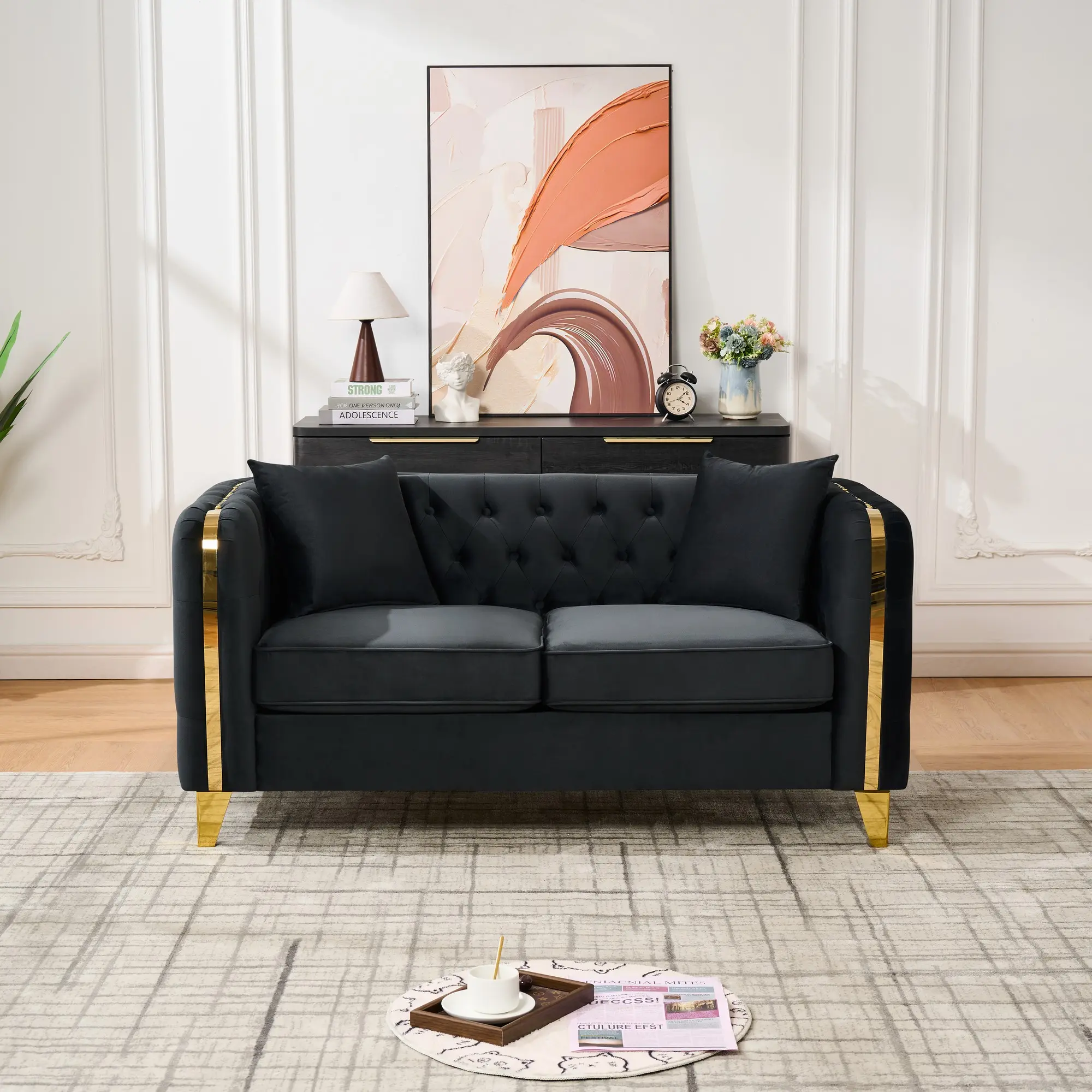 Nokaa Velvet Button Tufted Loveseat Sofa with Gold Legs, Chesterfield Couch with Gold Stainless Steel Accents, Solid Wood Frame, Foam Cushions, 61.5"D x 32"W x 28.5"H, Black, for Living Room, Bedroom, Office, Fabric Material