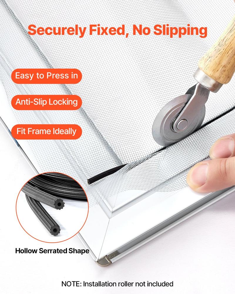 VEVOR Window Screen Spline, 100 ft x 0.125 in Window Screen Retainer Spline, PVC Window and Door Screen Spline, Hollow Serrated Screen Holder Spline, for Window Door Screen Repair and Replacement