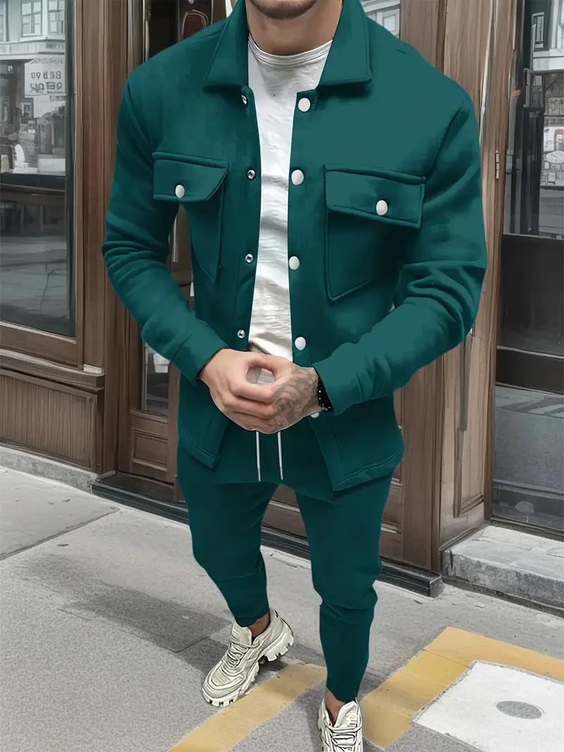 Men's two-piece set men's fashion solid color pocket open button lapel jacket and solid color set formal long sleeved